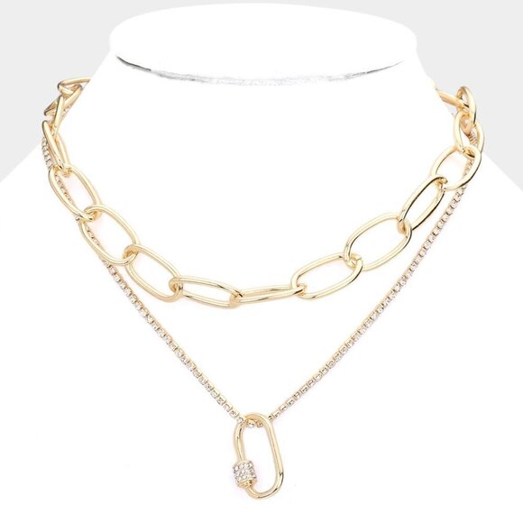 NEW Golden Double Layered Chain Rhinestone Oval Pendant Necklace - Picture 3 of 7